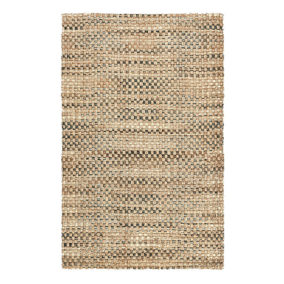 Light brown textured rug with bold horizontal stripe bands and dark flecks