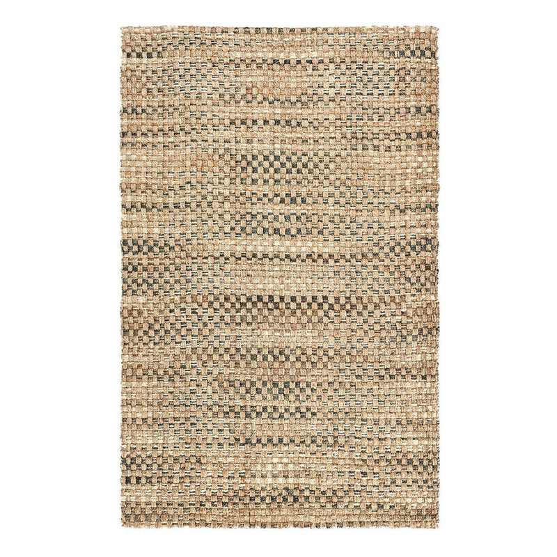Light brown textured rug with bold horizontal stripe bands and dark flecks