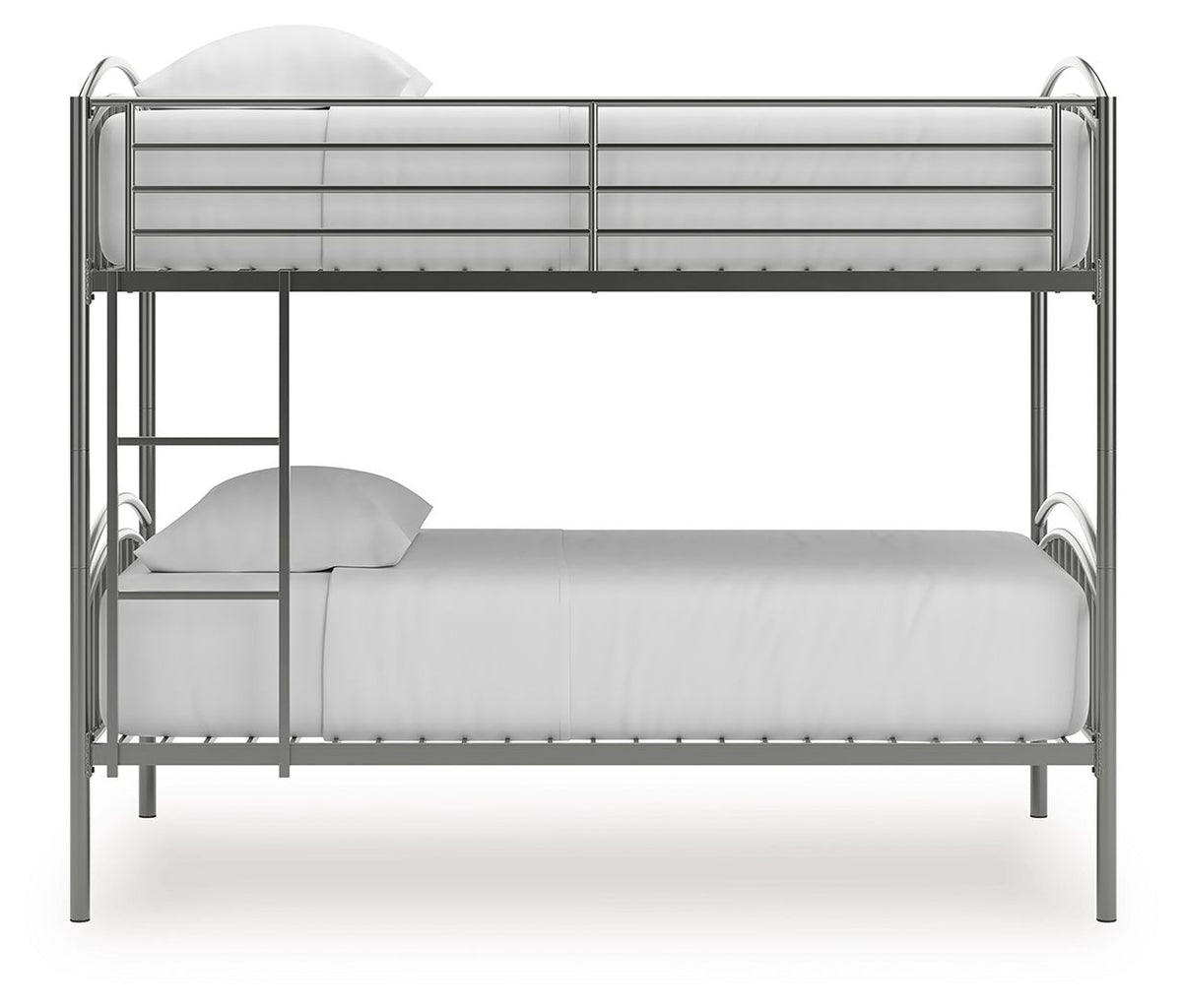 Gray twin-over-twin bunk bed with bottom white mattress and guard rails