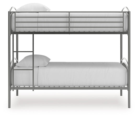 Gray twin-over-twin bunk bed with bottom white mattress and guard rails