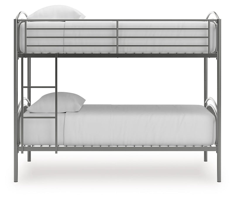 Gray twin-over-twin bunk bed with bottom white mattress and guard rails