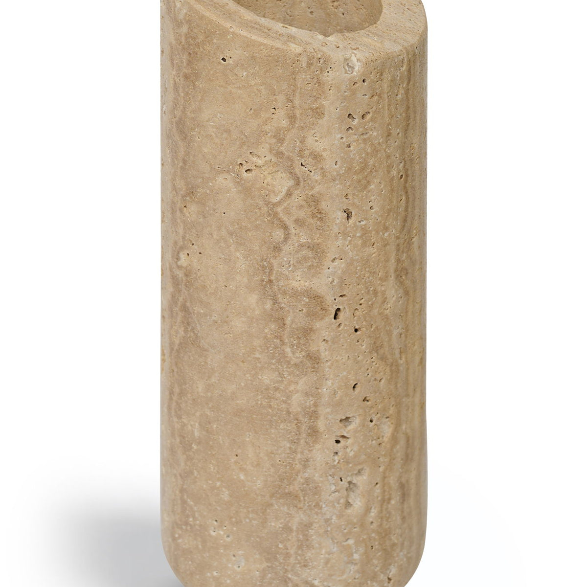 Beige travertine vase with speckled stone texture and wide round top opening