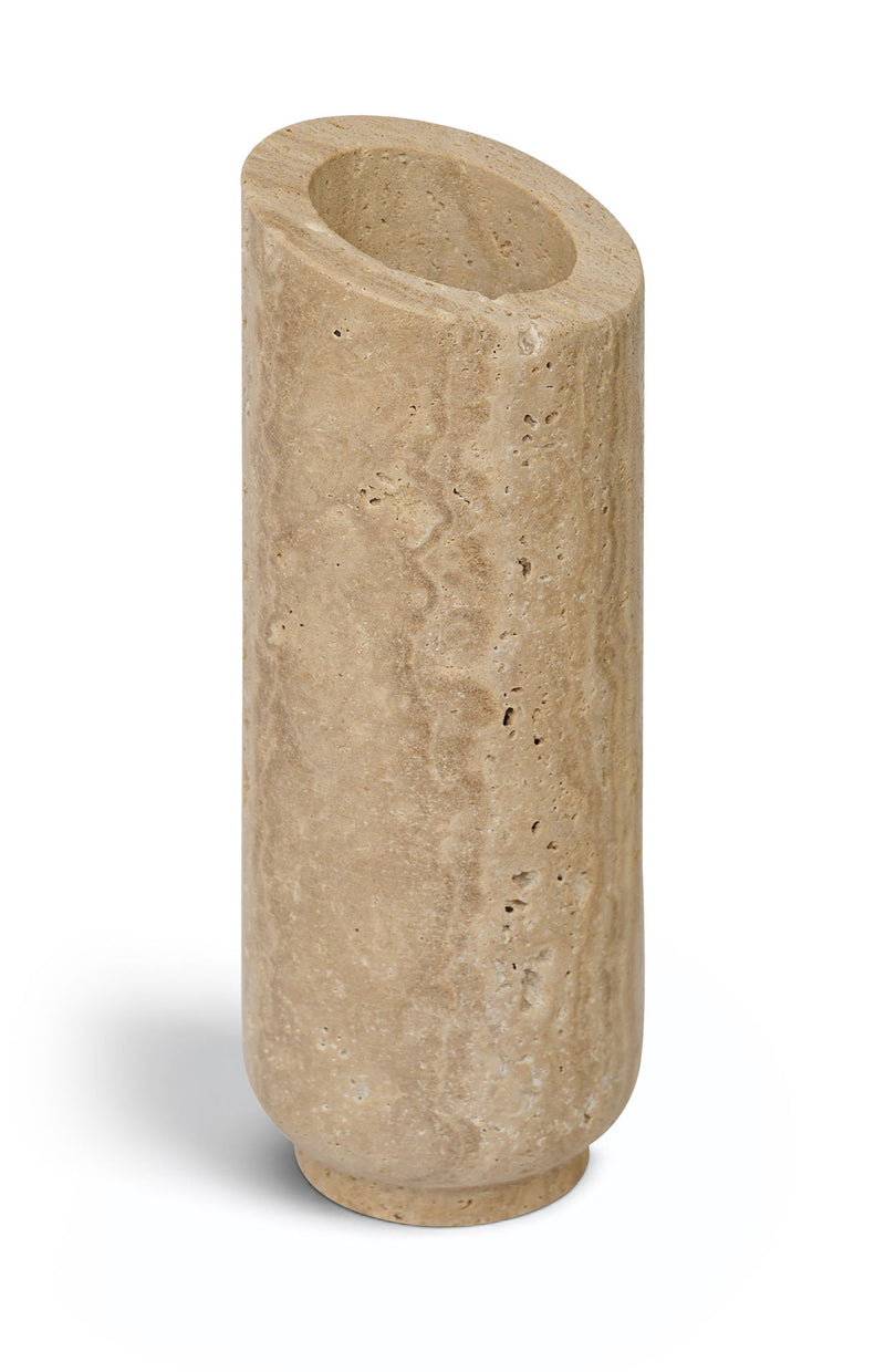 Beige travertine vase with speckled stone texture and wide round top opening