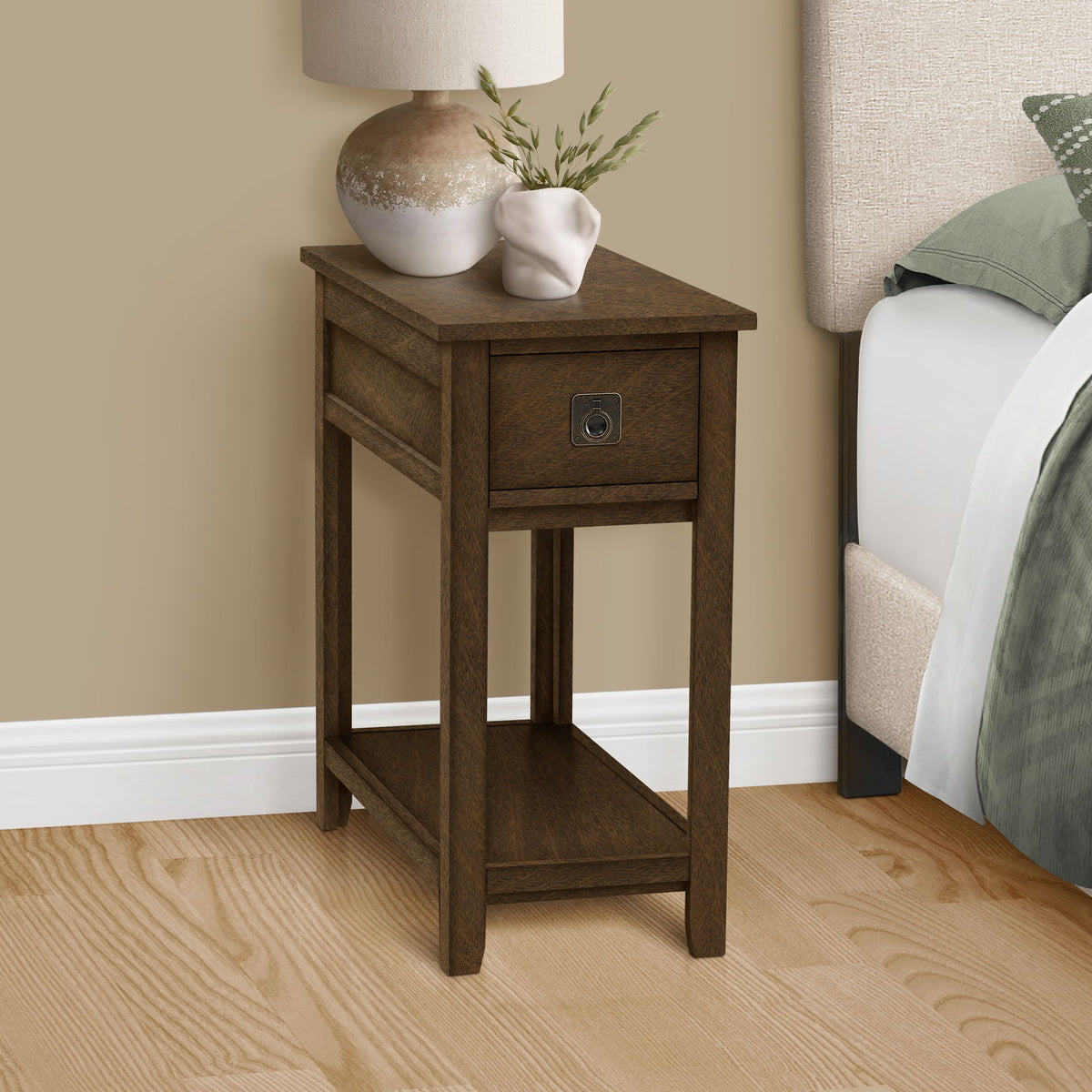 Accent End Table, 2 Tier, Narrow, Lamp, Storage Drawer, Charming Design