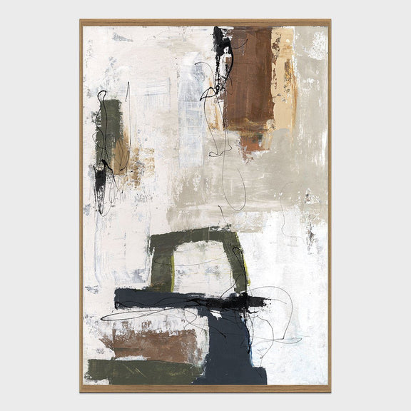 Abstract framed wall art painting with white, gray, black, and brown brushstrokes