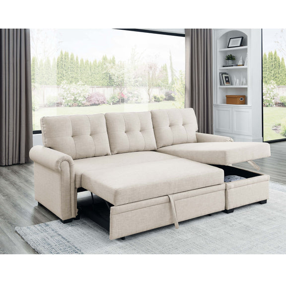 Beige upholstered sleeper sofa with storage chaise, tufted back and cushioned armrests