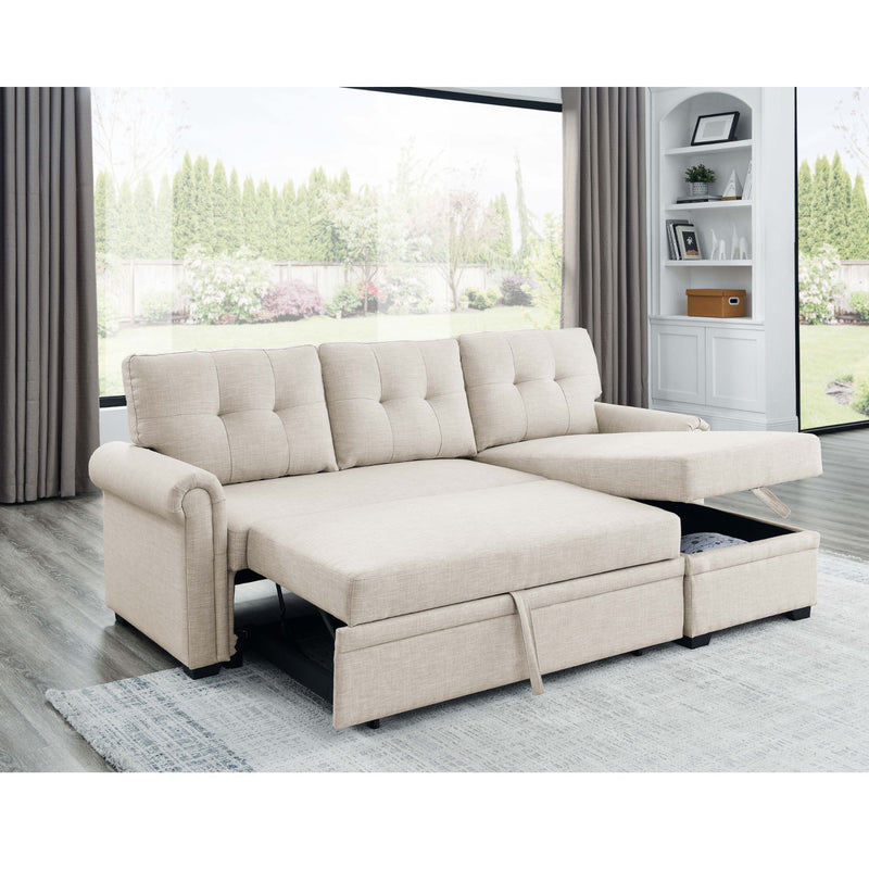Beige upholstered sleeper sofa with storage chaise, tufted back and cushioned armrests