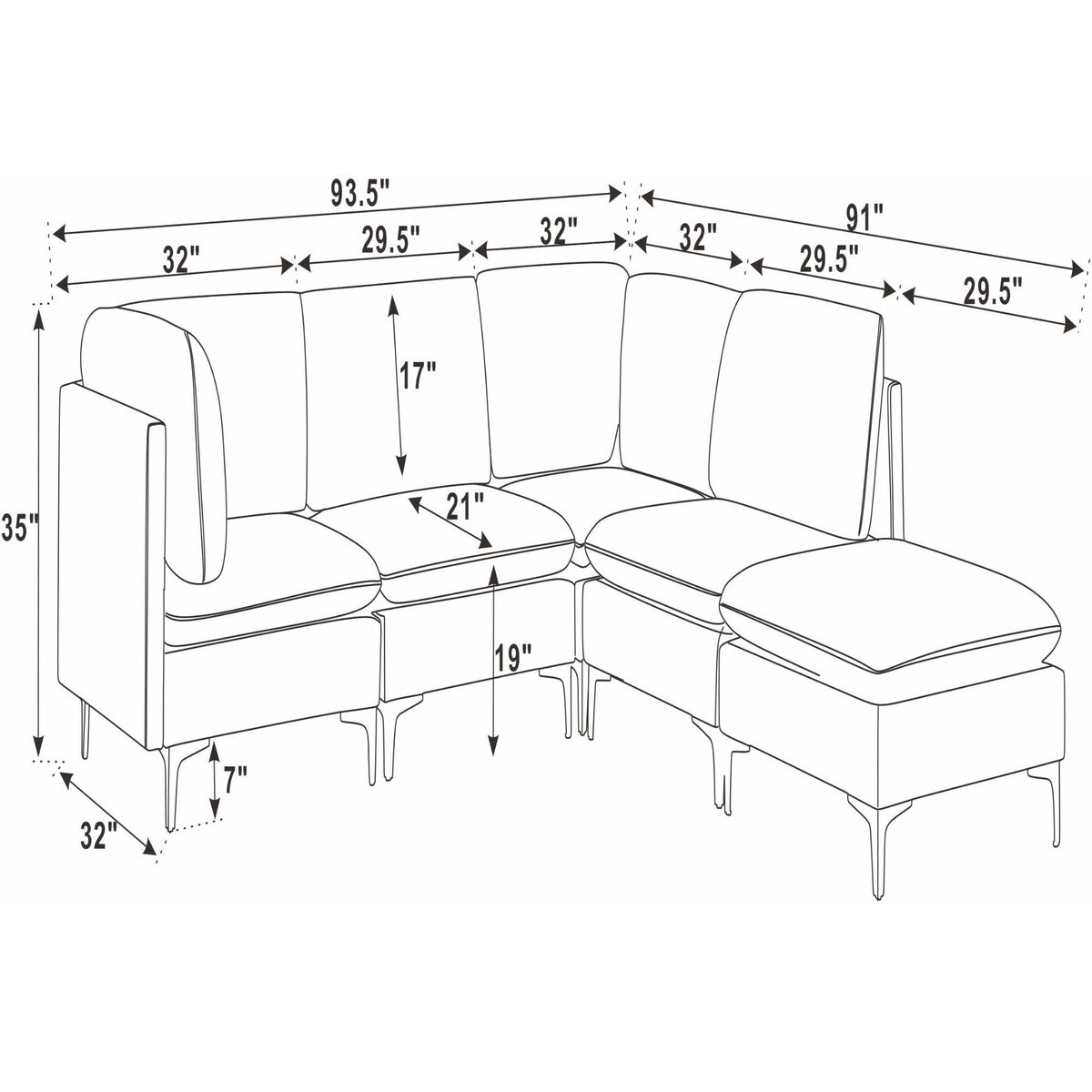 Modular sectional sofa with tall legs, L-shaped cushions and matching ottoman arm