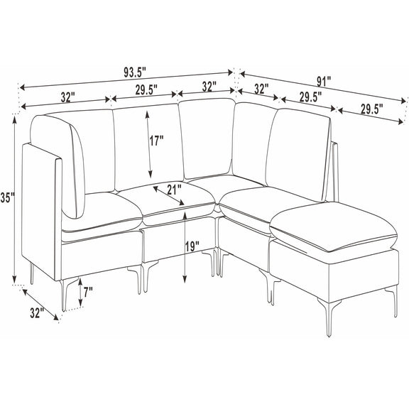 Modular sectional sofa with tall legs, L-shaped cushions and matching ottoman arm