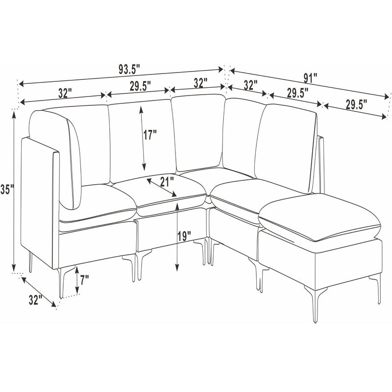 Modular sectional sofa with tall legs, L-shaped cushions and matching ottoman arm
