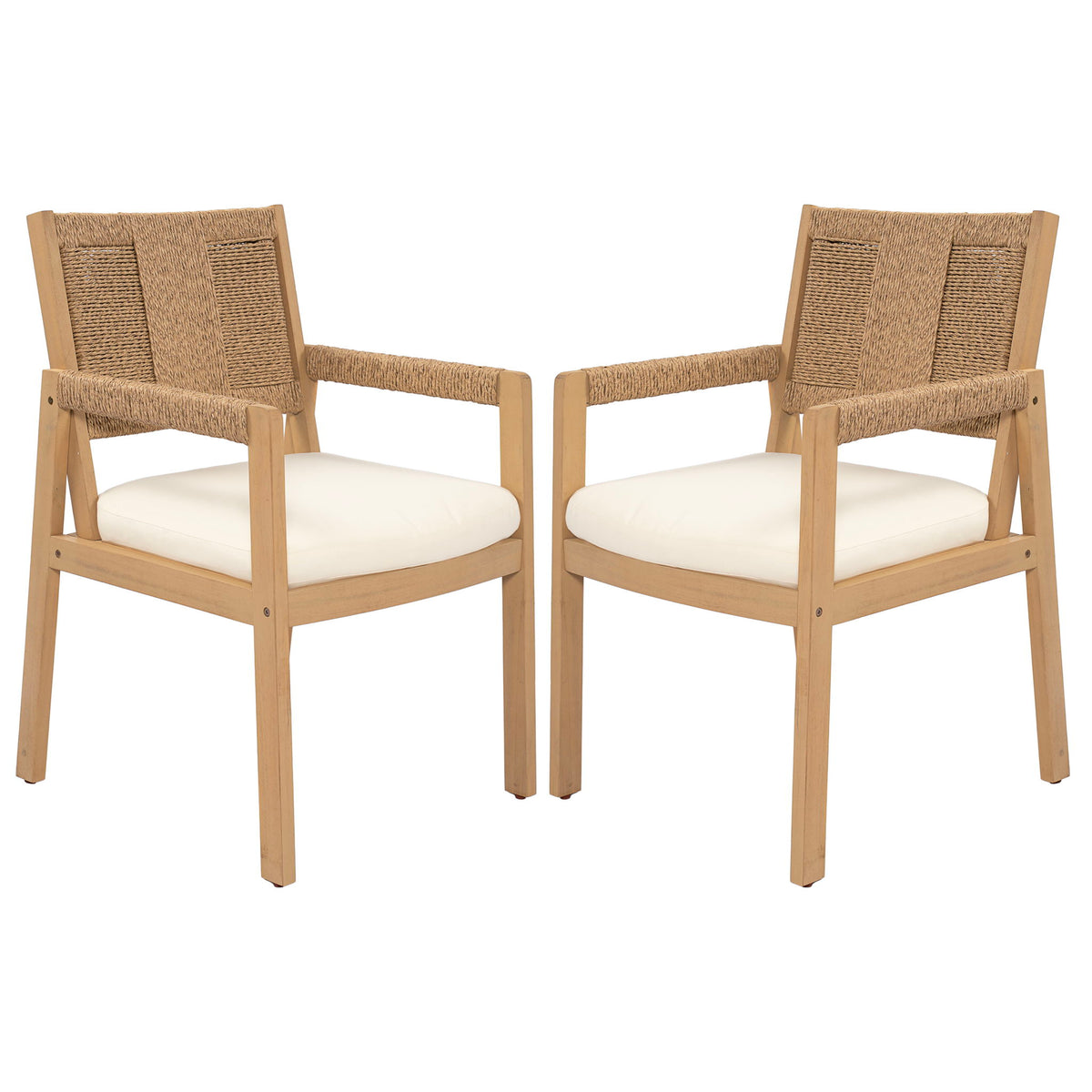Outdoor Arm Dining Chairs, Frame With Hand Woven Wicker Back (Set of 2) - Cream / Light Teak / Natural