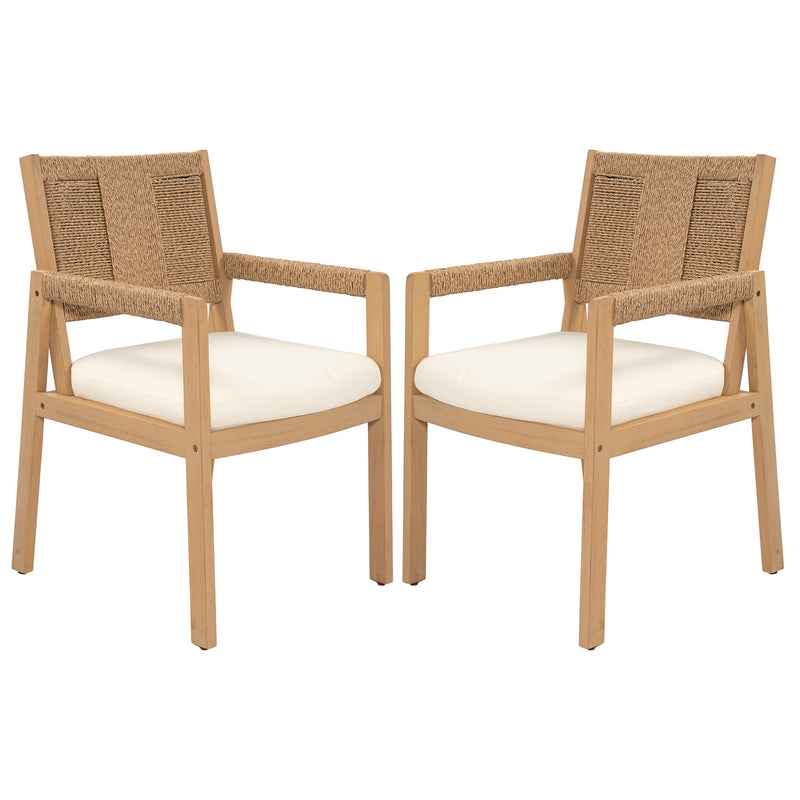 Outdoor Arm Dining Chairs, Frame With Hand Woven Wicker Back (Set of 2) - Cream / Light Teak / Natural