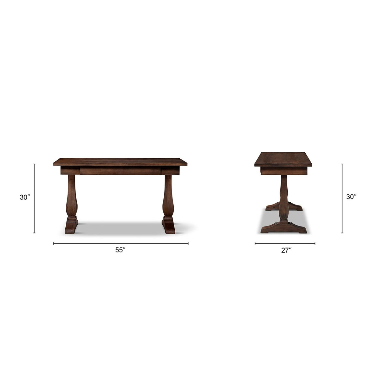 Brown writing desk; 55 in wide, 30 in high, 27 in deep.