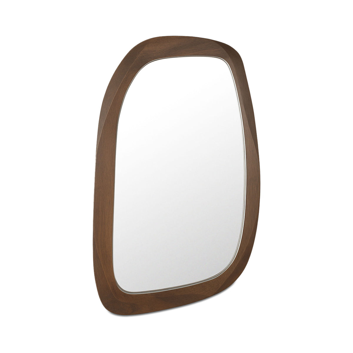 Brown oval wall mirror with thick wood frame, straight view