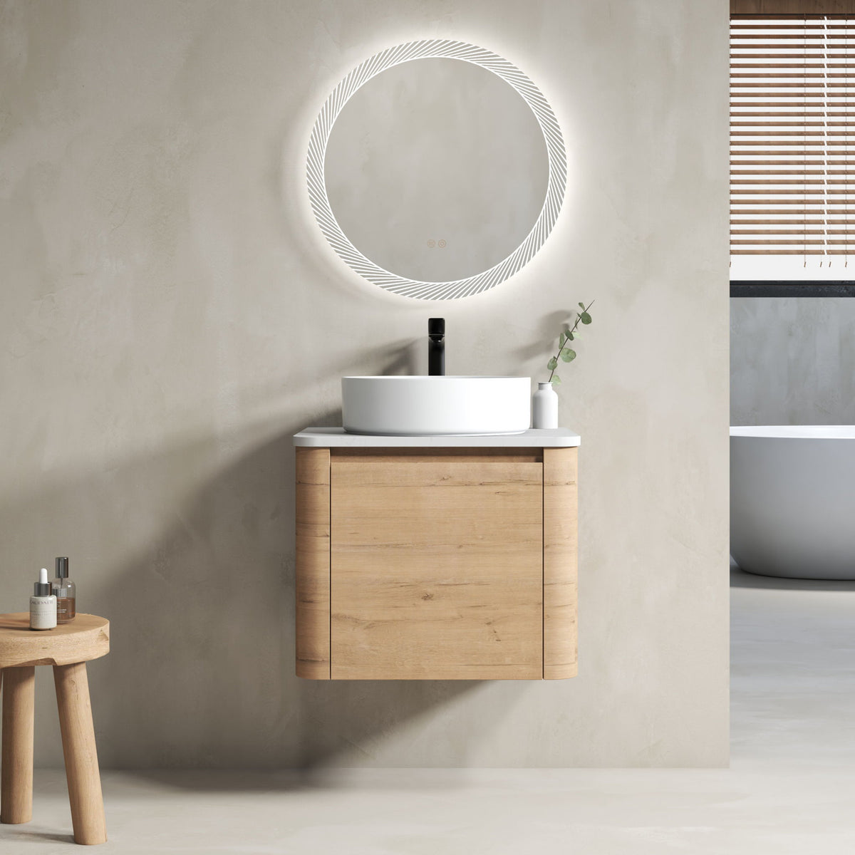 Wall-mounted bathroom vanity with white vessel sink, wood cabinet, and single faucet