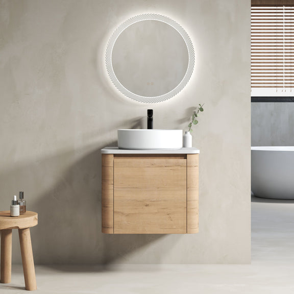 Wall-mounted bathroom vanity with white vessel sink, wood cabinet, and single faucet