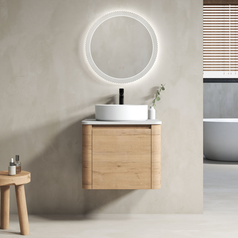 Wall-mounted bathroom vanity with white vessel sink, wood cabinet, and single faucet