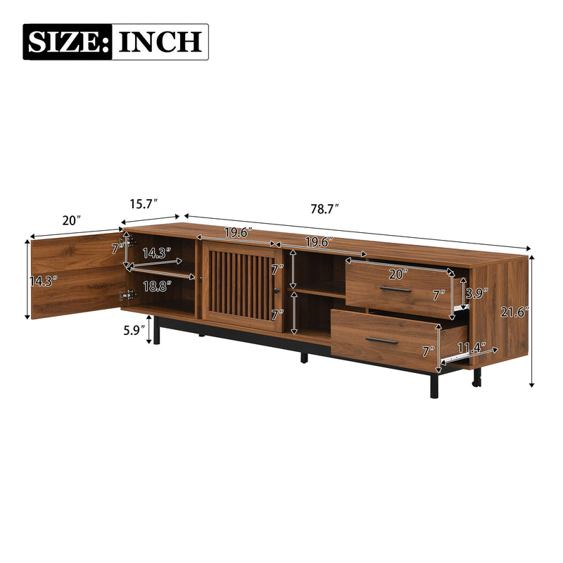 Walnut TV stand size diagram showing two drawers and slatted door panels
