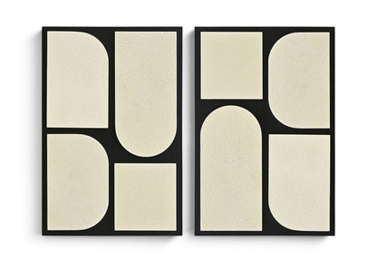 Two-piece wall art set with black frames and beige abstract rounded panels.