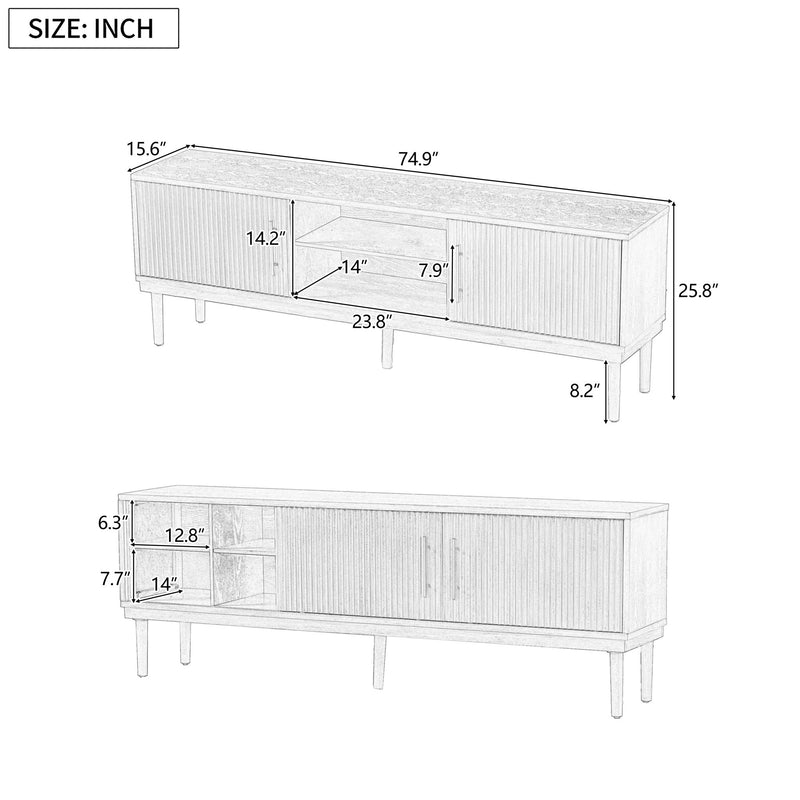 TV Stand With Vertical Slatted Doors And Sliding Panels, Solid Wood Legs - Brown