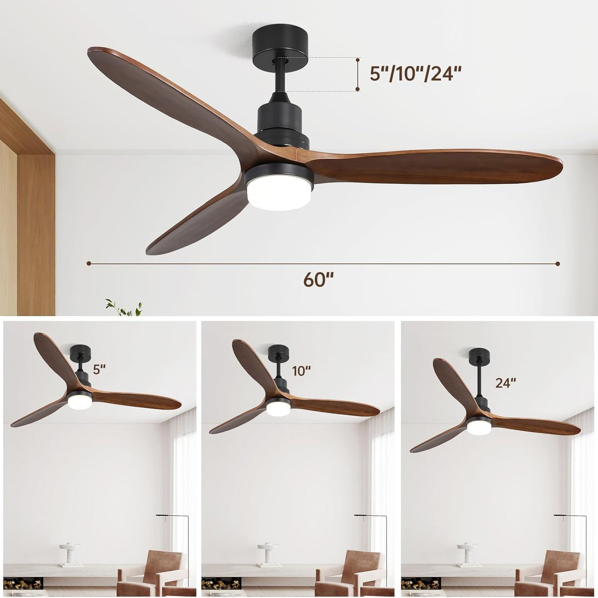Ceiling Fan With Lights 3 Solid Wood Fan Blade Noiseless Reversible Motor Remote Control - Black
