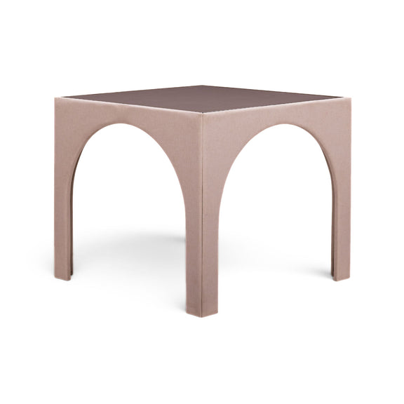 Light pink fabric game table with two rounded arch cutouts and gray tabletop