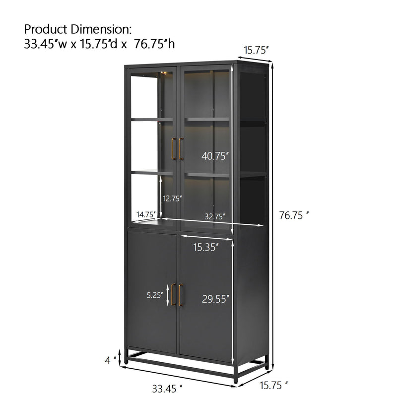 Modern Style Tall Steel Display Cabinet With Double Glass Doors, LED Lights