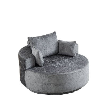 Dark gray swivel accent chair with round seat, armrests, and two back pillows.