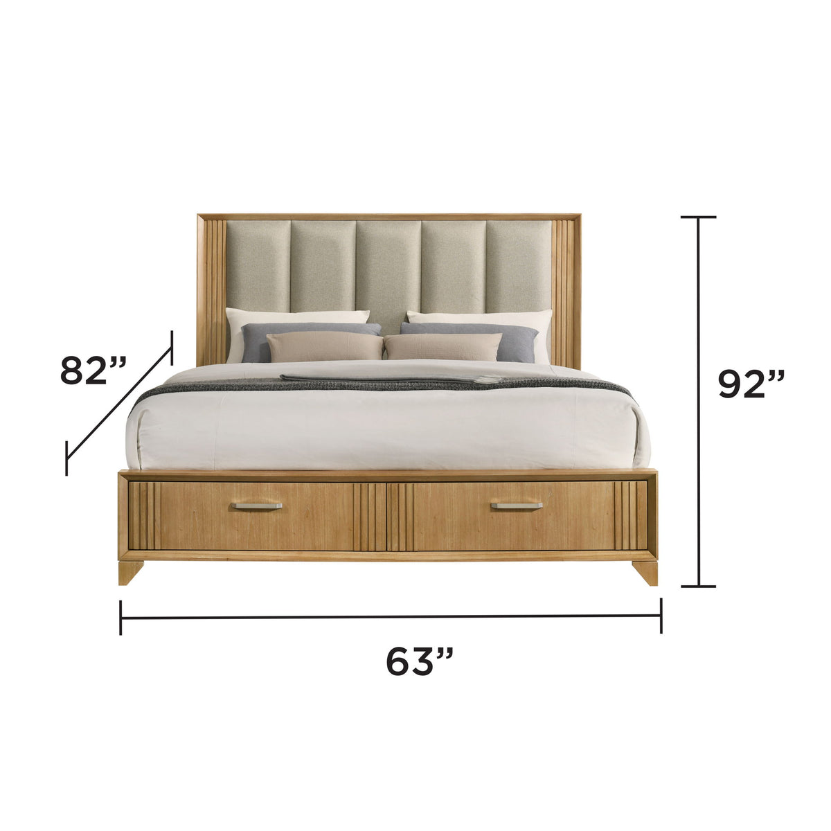 Upholstered headboard storage bed with dimensions 63 in wide, 82 in high, 92 in tall