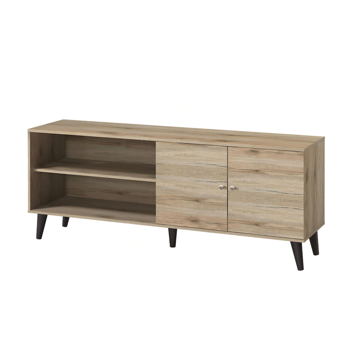 Light wood TV stand with two open shelves and two-door cabinet, dark legs.
