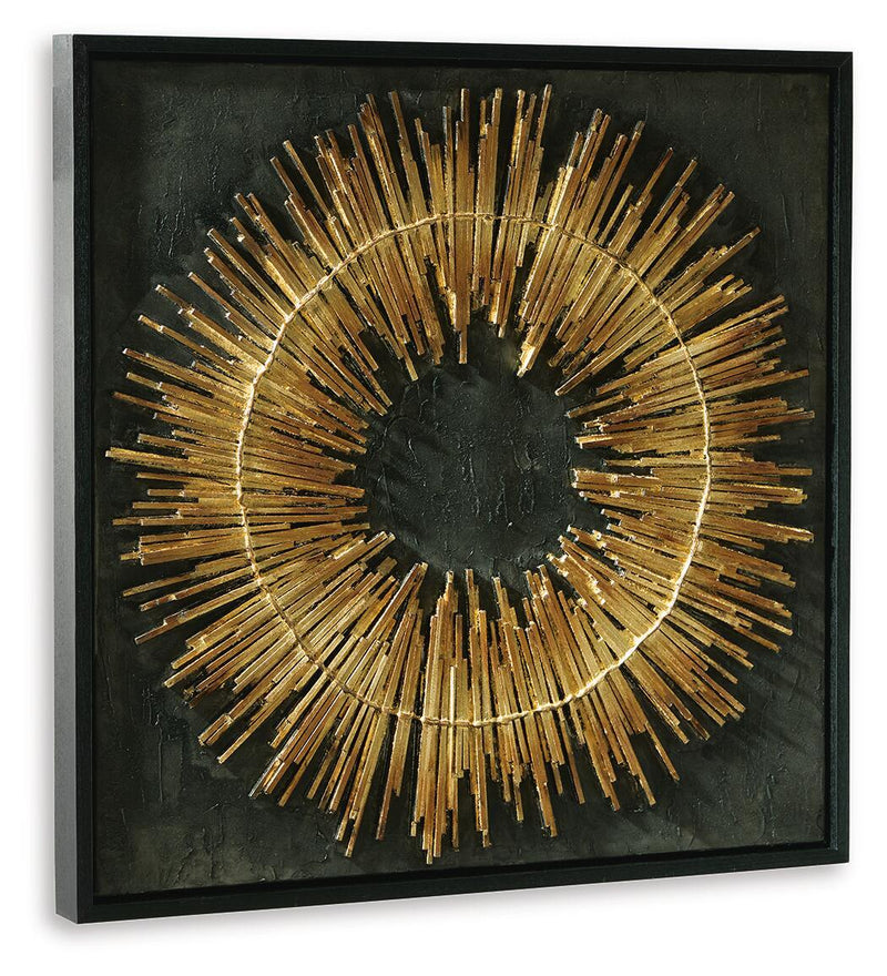 Black framed wall art with centered gold sunburst ring of rods on dark textured panel