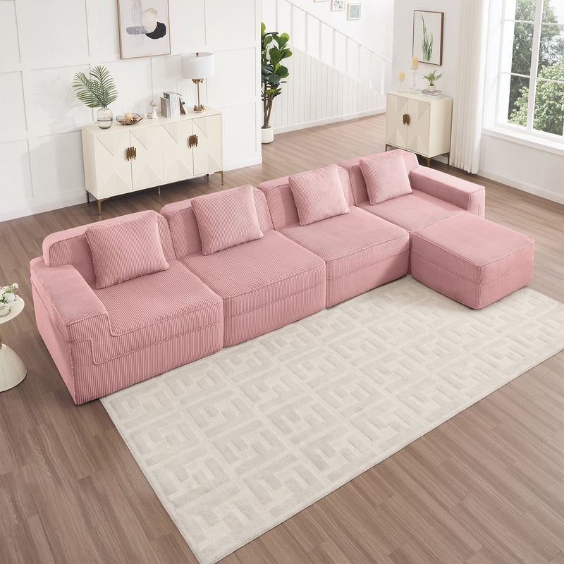 4-Seater Modular L-Shaped Corduroy Sectional Sofa - Pink Corduroy