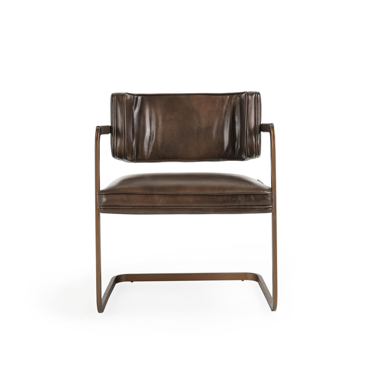 Brown upholstered dining chair with padded seat and back, curved metal base.