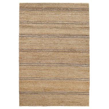 Rectangular woven rug in light brown with thin ivory horizontal stripes