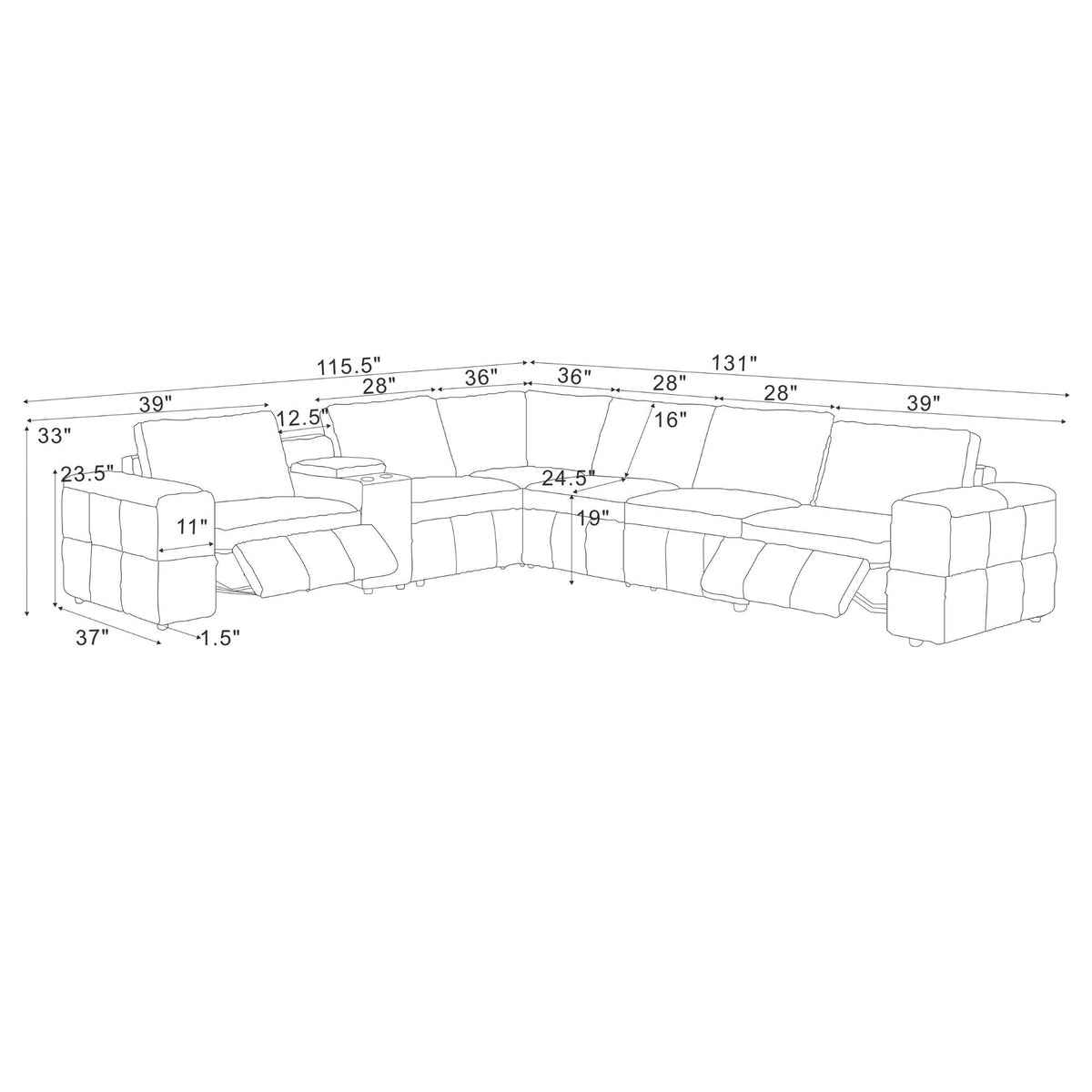 Upholstered Large Arms Sectional With Recliner Seats