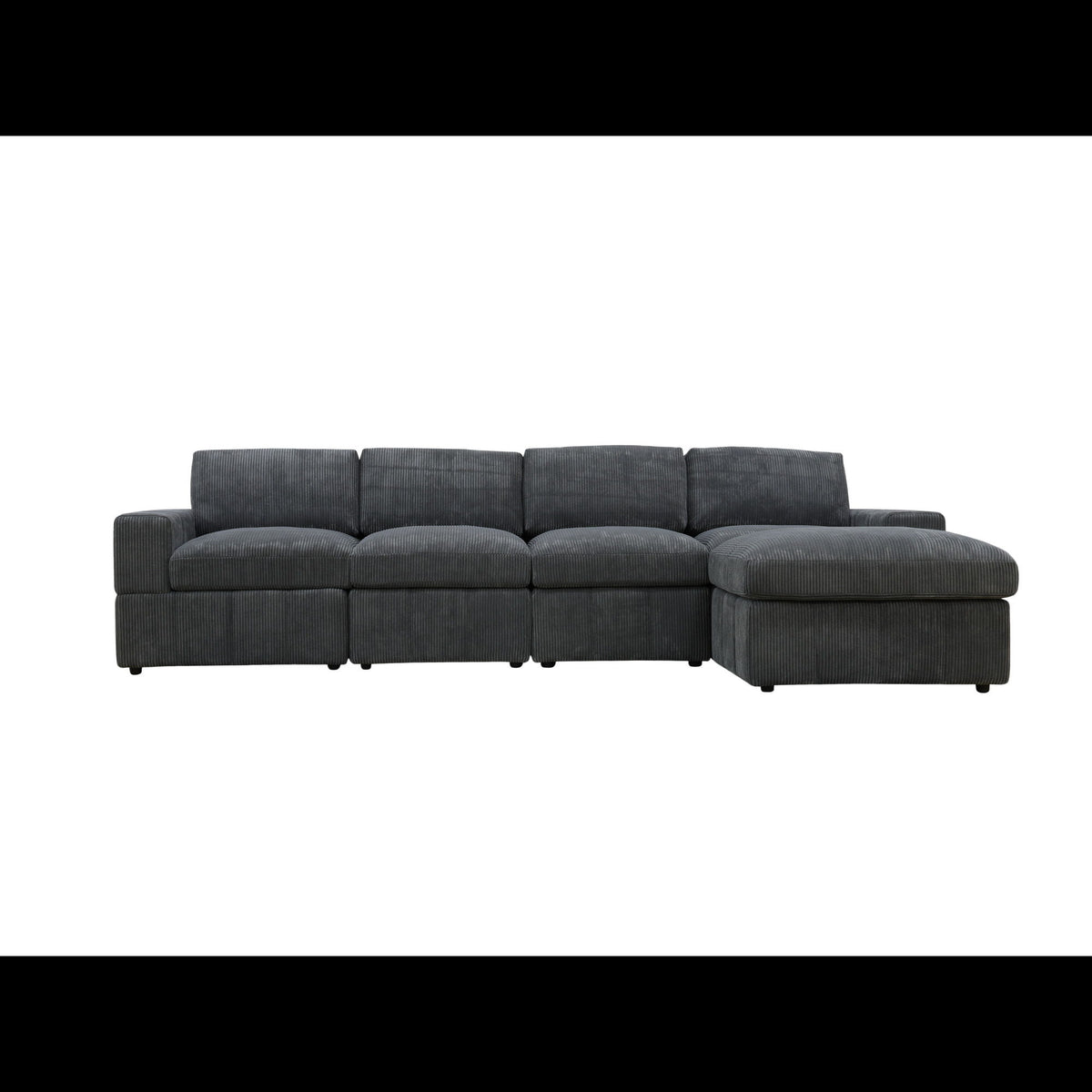 Dark gray modular sectional sofa with chaise ottoman ends, straight-to-L layout