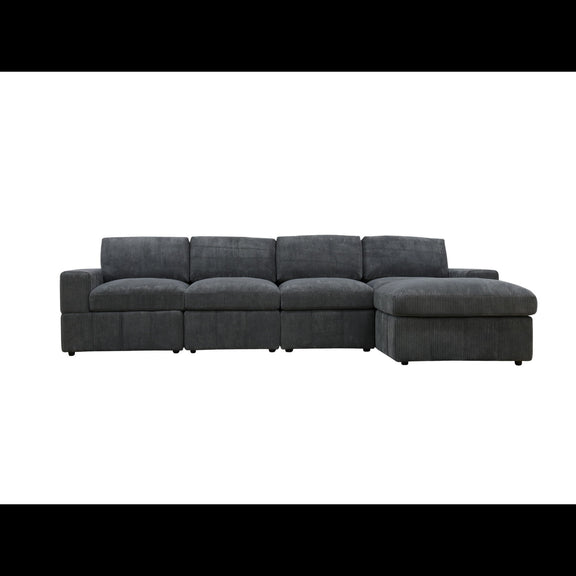 Dark gray modular sectional sofa with chaise ottoman ends, straight-to-L layout