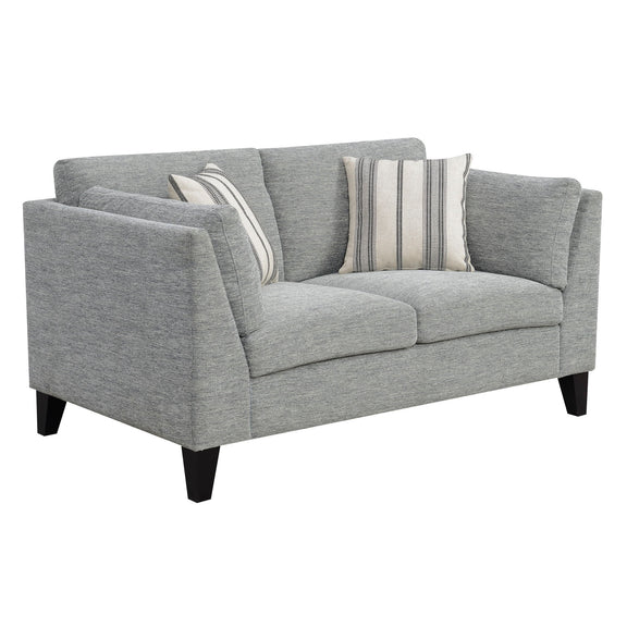 Gray upholstered loveseat sofa with rolled arms, dark legs, and striped pillows