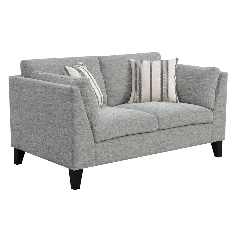 Gray upholstered loveseat sofa with rolled arms, dark legs, and striped pillows