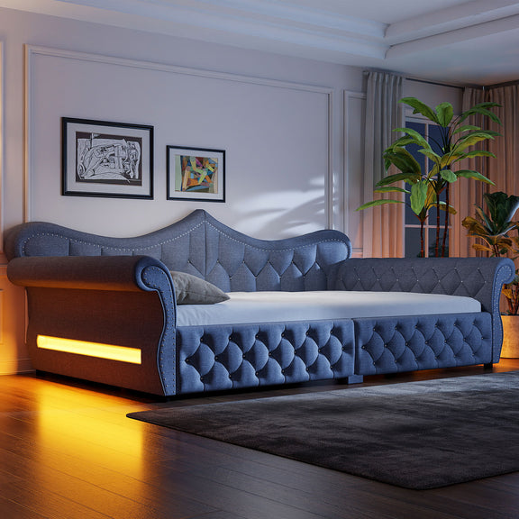 Dark gray upholstered daybed with tufted headboard and side LED strip