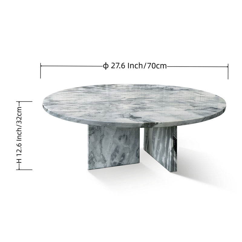 Gray and white veined round stone coffee table with angular pedestal legs