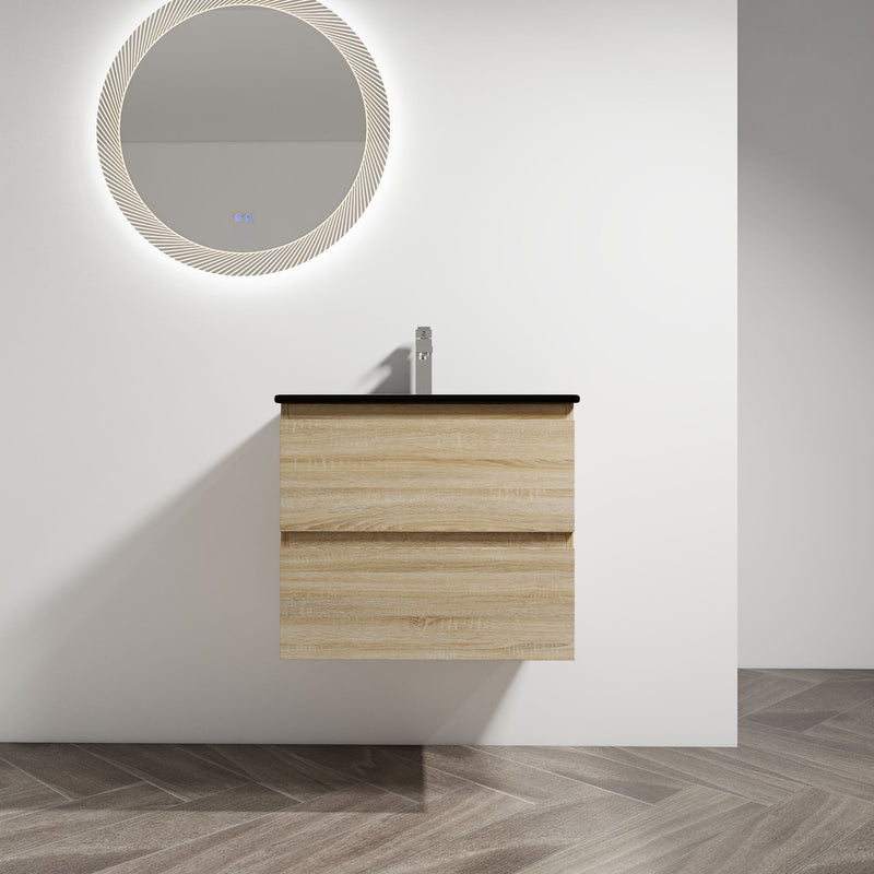 Wall-mounted bathroom vanity with sink, light wood cabinet and two soft-close drawers
