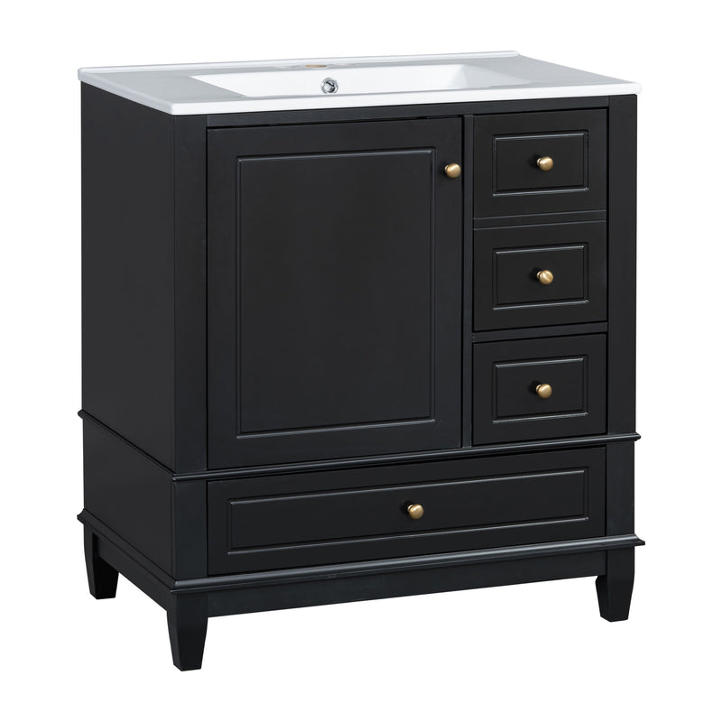 30" Bathroom Vanity With Sink, 1 Door With Shelf And 3 Drawers, Soft Close Door - Black