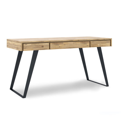 Handcrafted wood desk with light beige tabletop and black angled metal legs