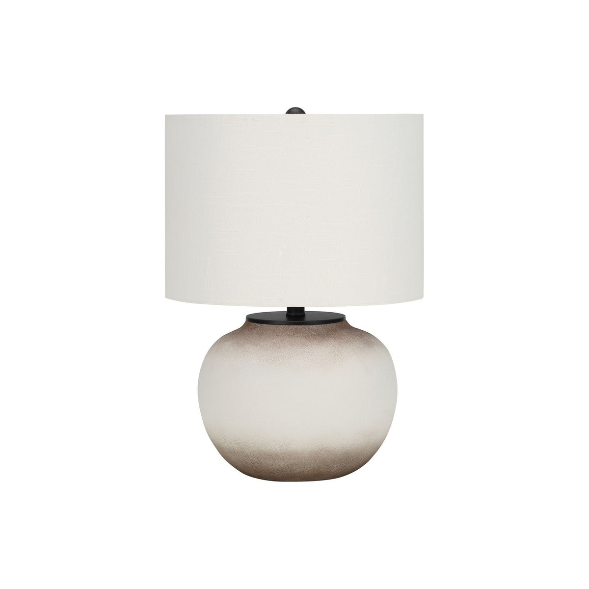 Cream ceramic table lamp with round base and white fabric drum shade