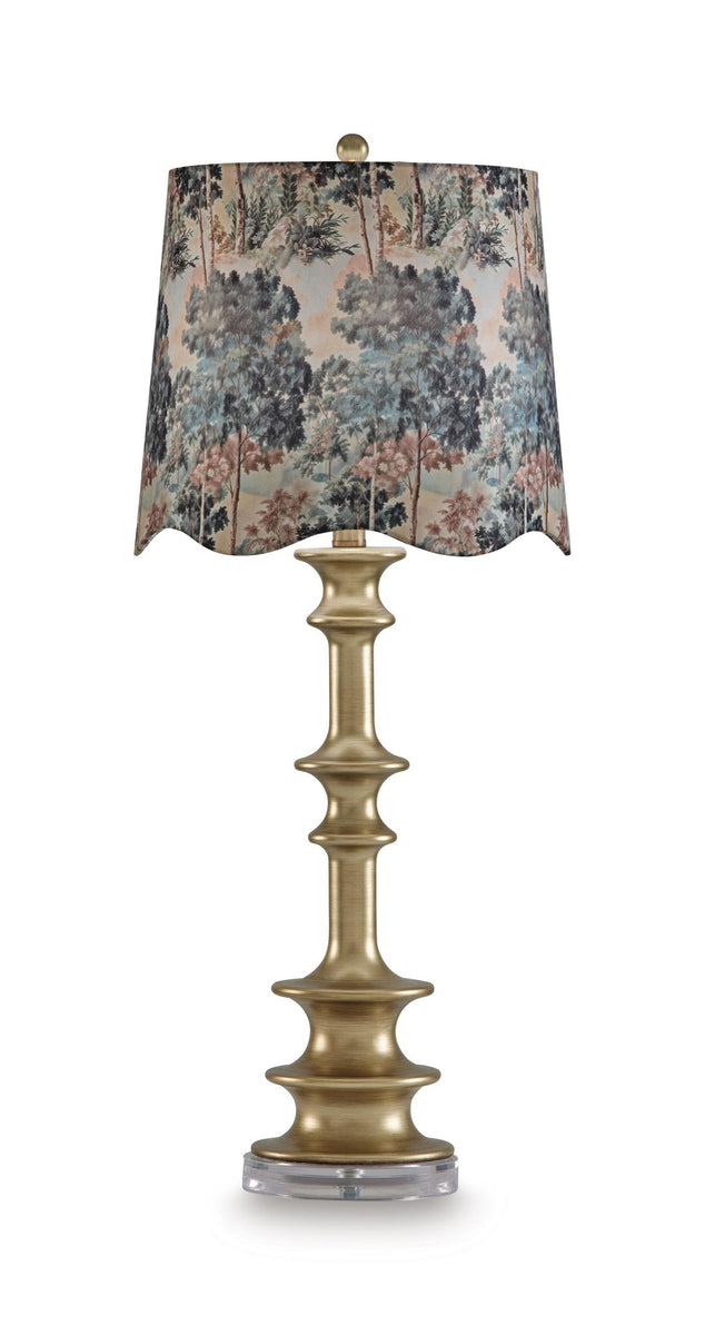 Jaystower antique gold column table lamp with blue-gray tree-print drum shade