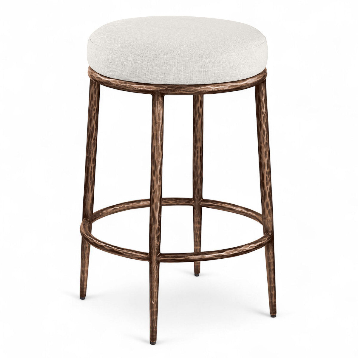 Ferro - Linen Textured Performance Fabric Upholstered Backless Counter Stool - Cream / Brushed Bronze
