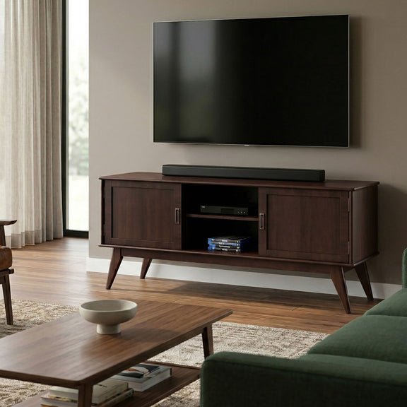 Mid-century TV media stand with two cabinet doors and center open shelf, dark finish