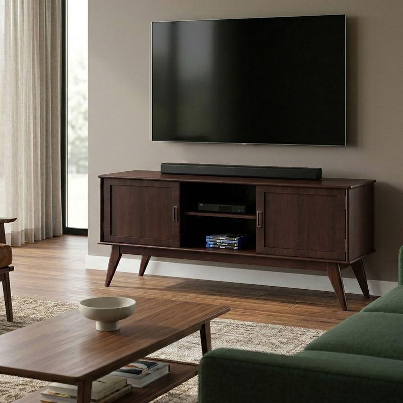 Mid-century TV media stand with two cabinet doors and center open shelf, dark finish