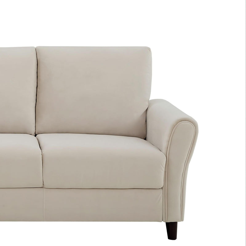 Beige sofa arm and seat cushion with curved armrest and visible seams.